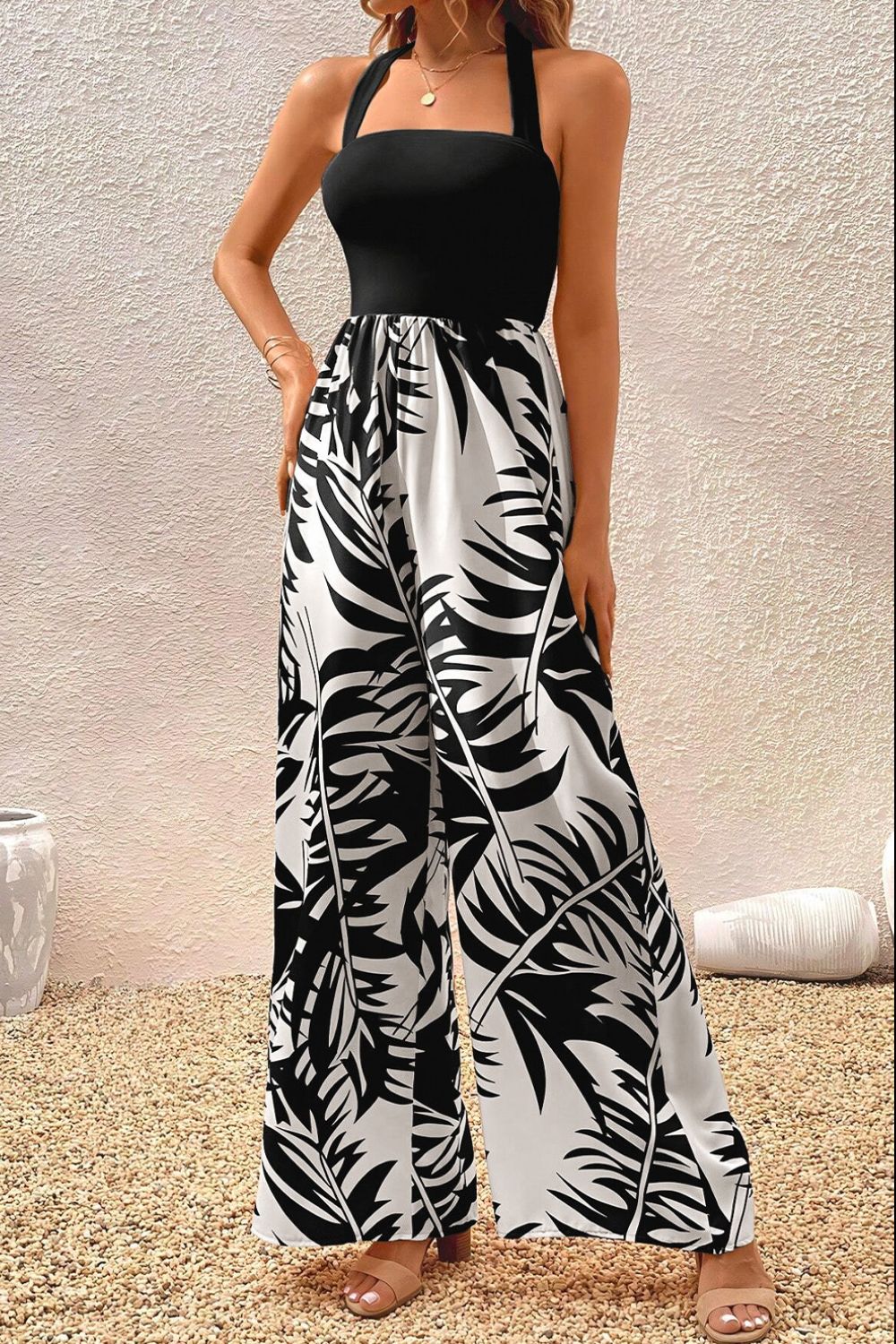 Printed Halter Wide Leg Jumpsuit-SMALL-XL