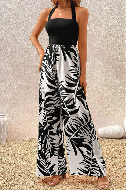 Printed Halter Wide Leg Jumpsuit-SMALL-XL