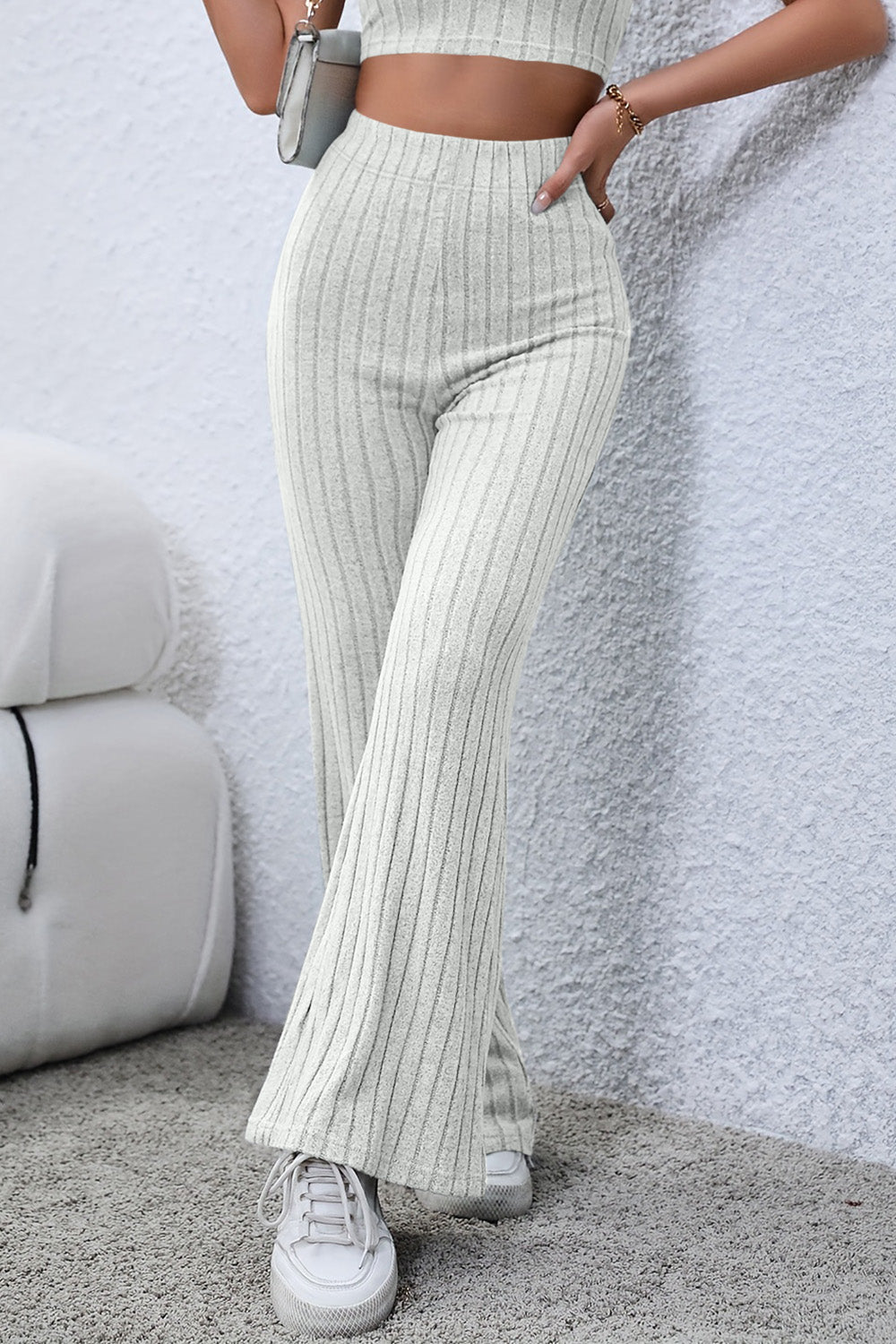 0N SALE:::Full Size Ribbed High Waist Flare Pants (black/blue/teal/grey)-SMALL-3XL