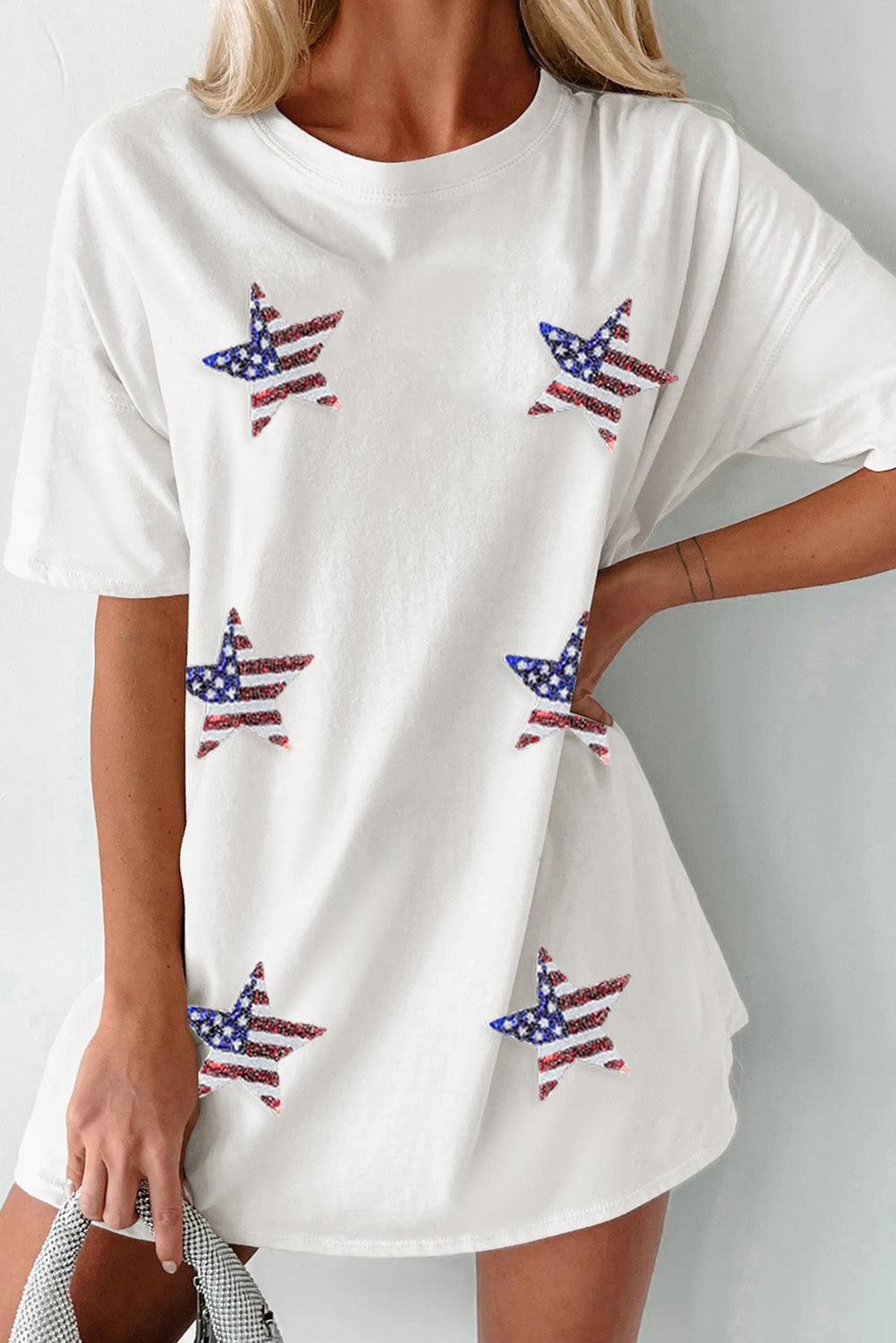 US Flag Star Round Neck Half Sleeve Oversized T-Shirt-SMALL-XL