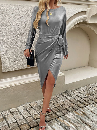 Devine Tied Boat Neck Long Sleeve Dress (black/deep red/gold/silver)-SMALL-XL
