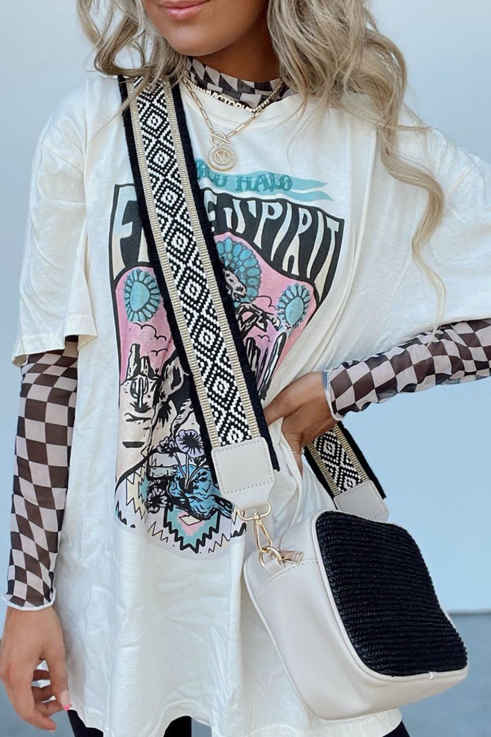 Distorted Checkered Mock Neck Long Sleeve Blouse (hot pink/black/beige)-SMALL-XL