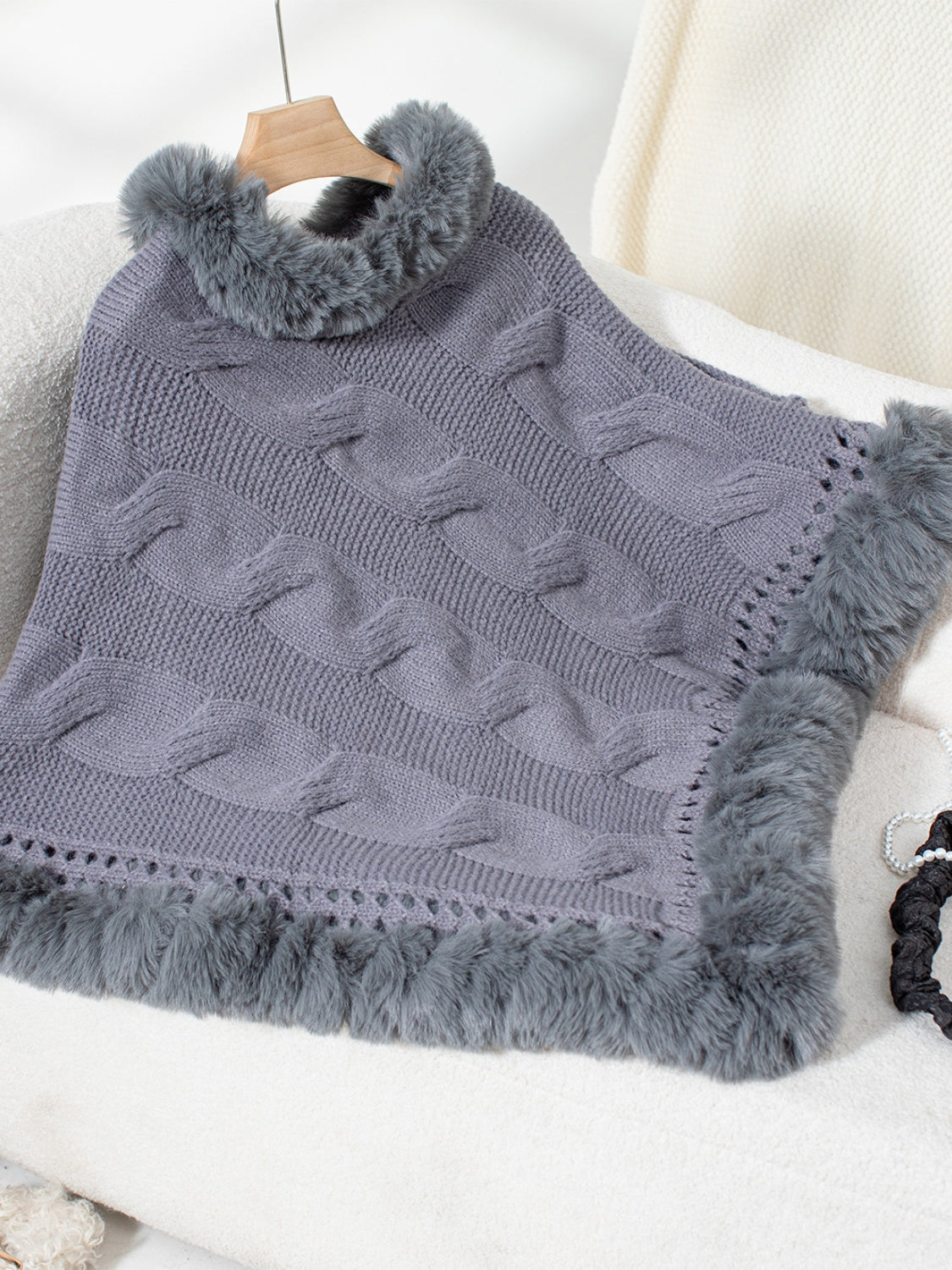 Fuzzy Hem Cable-Knit Poncho (mocha/gold/pink/eggshell/grey/black)
