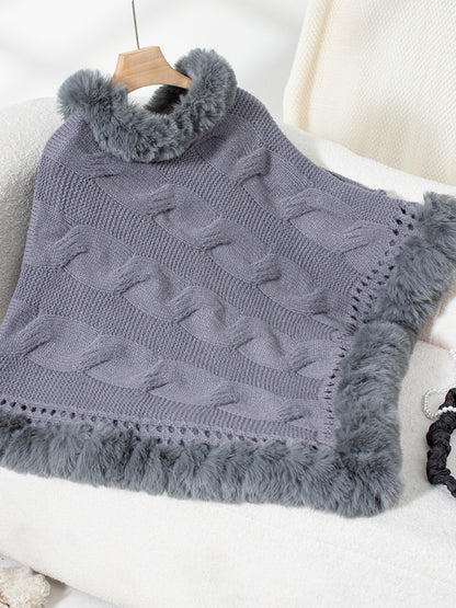 Fuzzy Hem Cable-Knit Poncho (mocha/gold/pink/eggshell/grey/black)