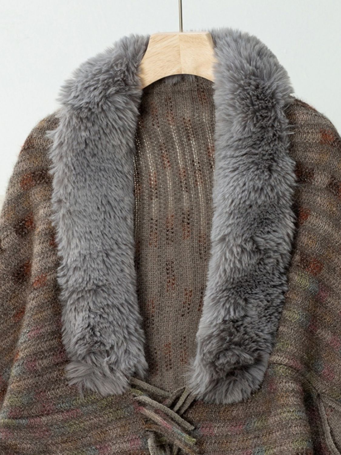 Fringe Fuzzy Open Front Poncho (cream/pink/brown/blue/khaki) ONE SIZE