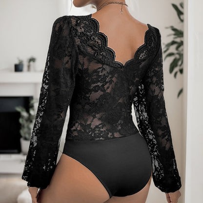 Lace Plunge Long Sleeve Bodysuit-SMALL-XL