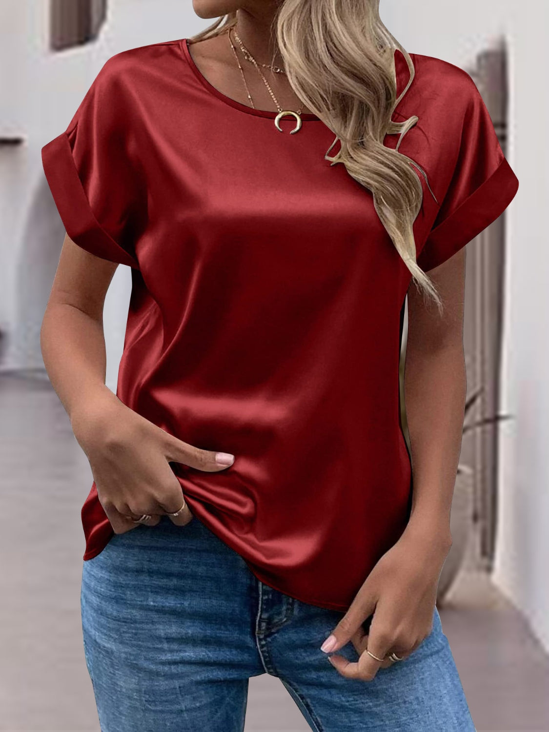 Satin Round Neck Short Sleeve Blouse (black/white/royal blue/lilac/pink/blue/burgundy/green)-SMALL-2XL