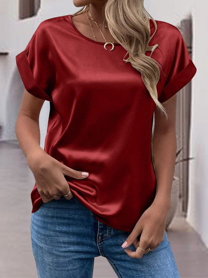 Satin Round Neck Short Sleeve Blouse (black/white/royal blue/lilac/pink/blue/burgundy/green)-SMALL-2XL