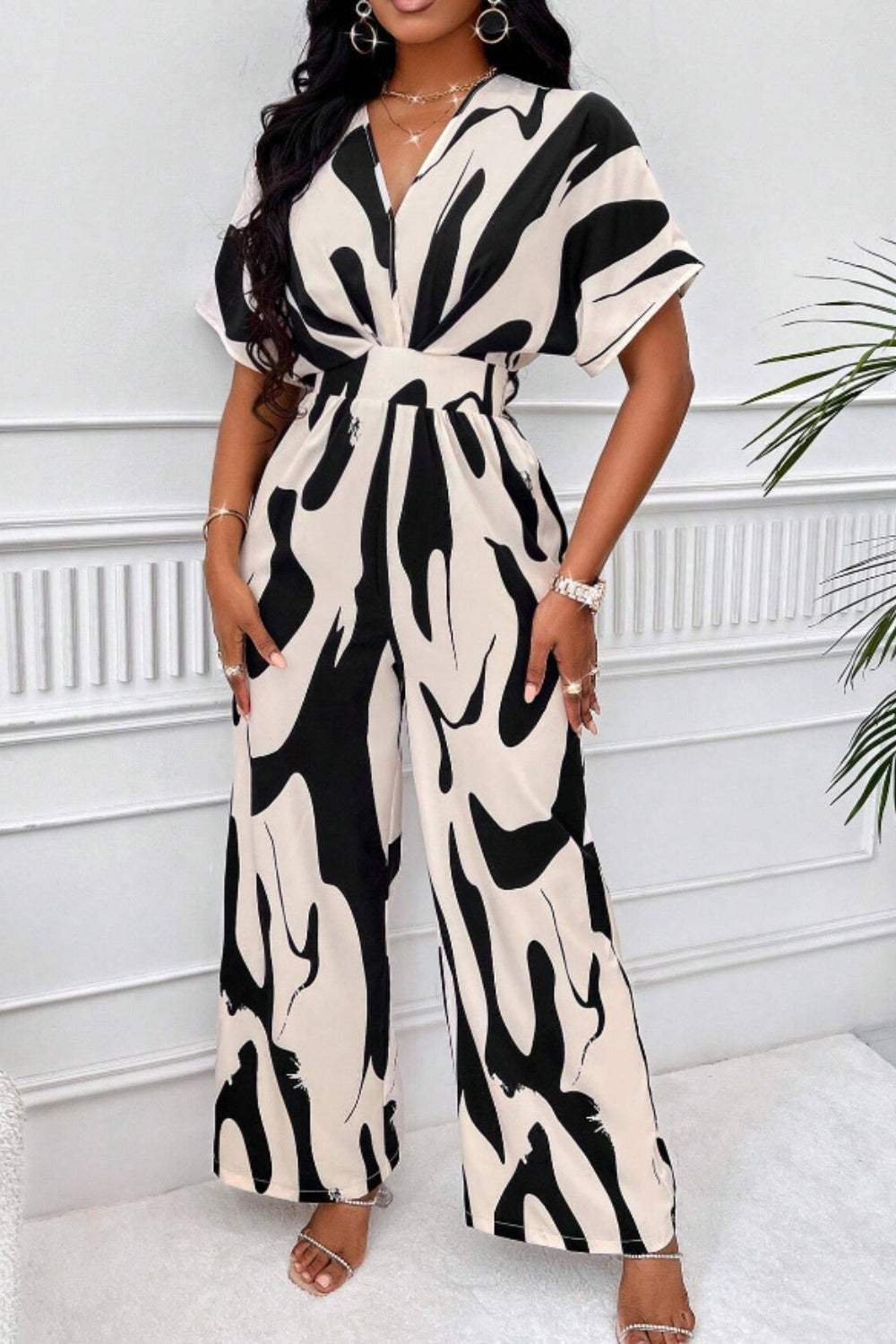 Printed V-Neck Short Sleeve Wide Leg Jumpsuit (black/orange/brown/green)-SMALL-2XL