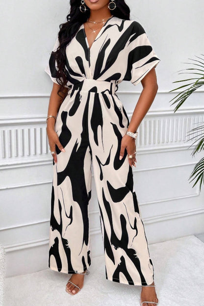 Printed V-Neck Short Sleeve Wide Leg Jumpsuit (black/orange/brown/green)-SMALL-2XL