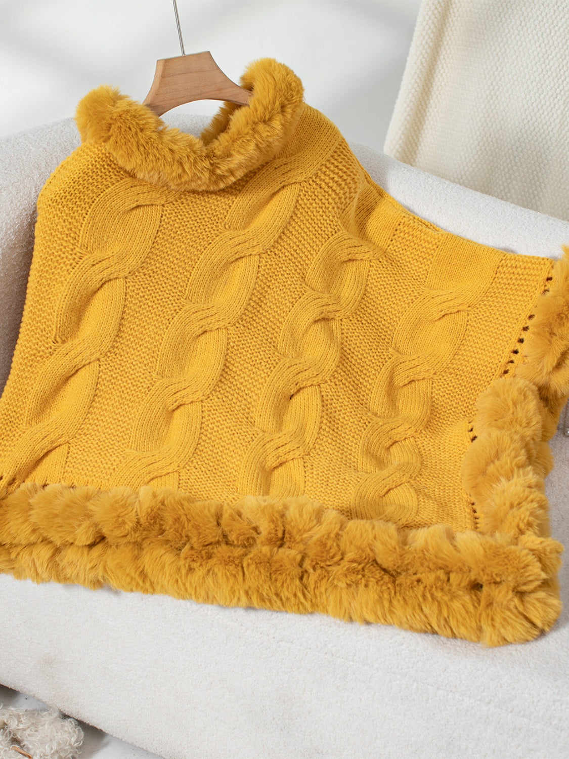 Fuzzy Hem Cable-Knit Poncho (mocha/gold/pink/eggshell/grey/black)