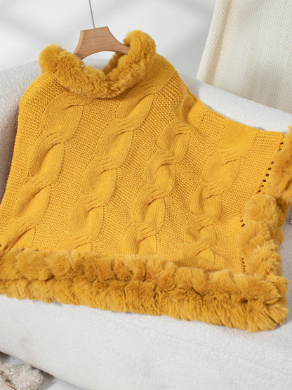 Fuzzy Hem Cable-Knit Poncho (mocha/gold/pink/eggshell/grey/black)