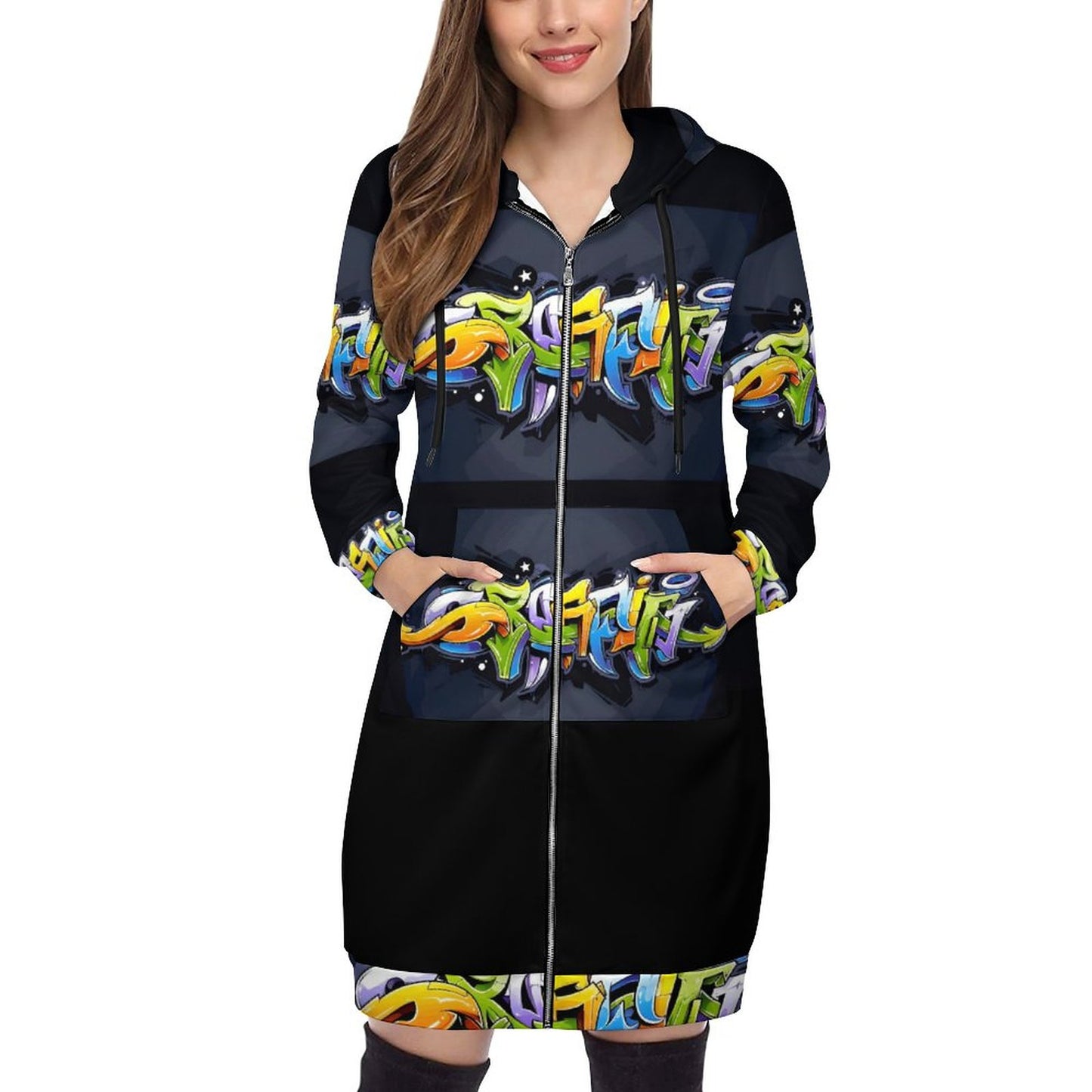 COLORFUL GRAFFITI Full Zipper Long Sleeve Hoodie Dress-SMALL-5XL