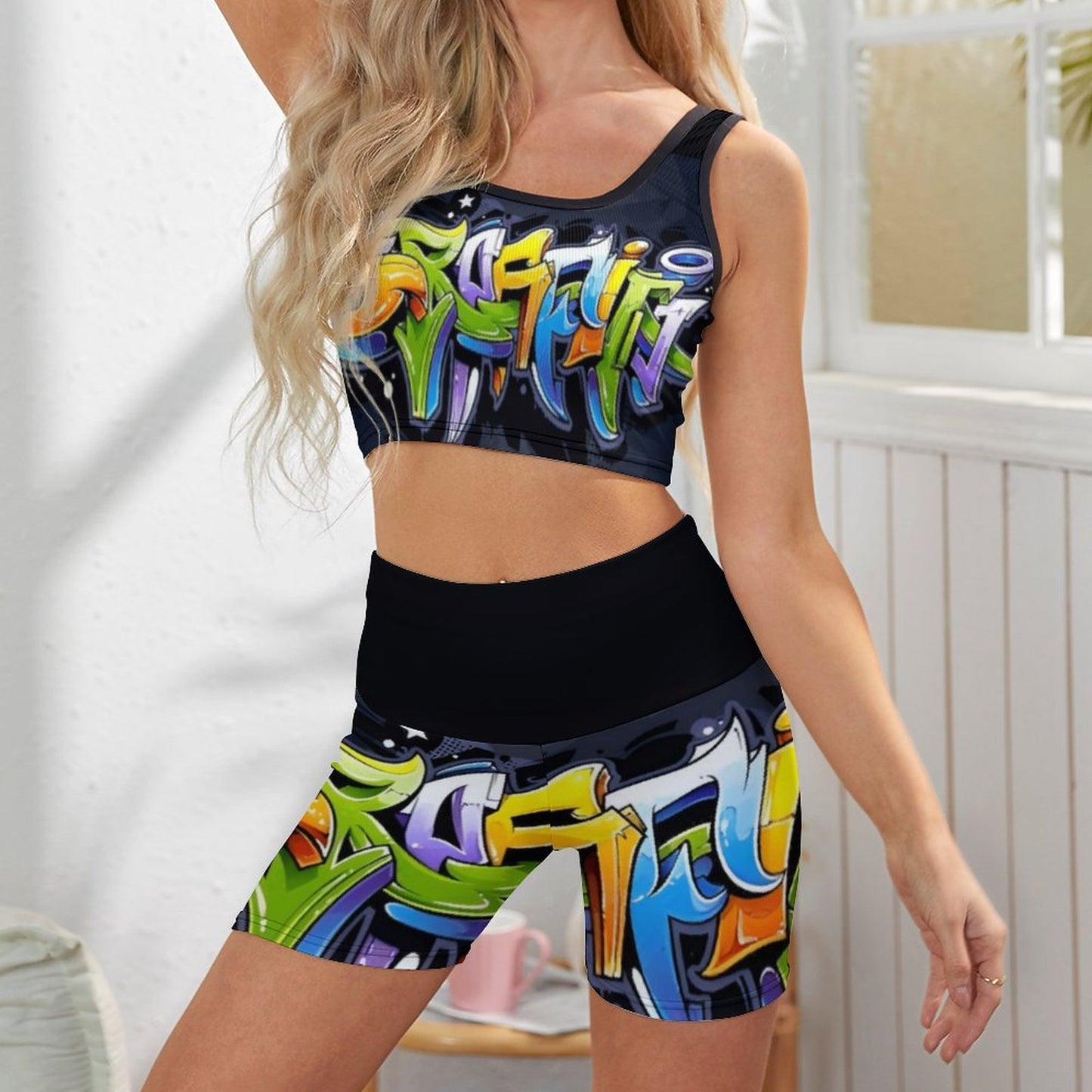COLORFUL GRAFFITI Ribbed Yoga Set-SMALL-2XL