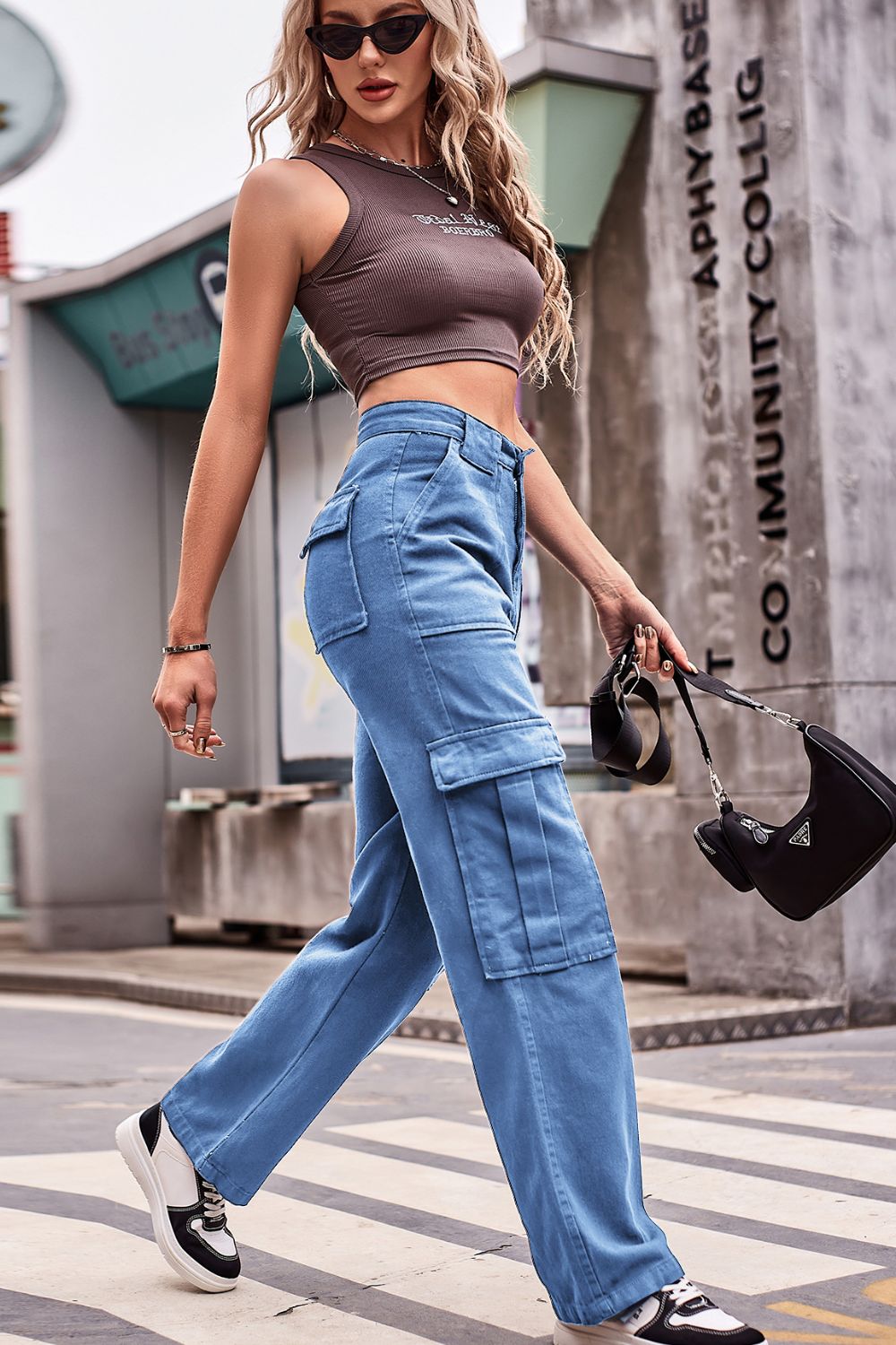 Buttoned High Waist Loose Fit CARGO Jeans-SMALL-2XL (BROWN/BLACK/BLUE)