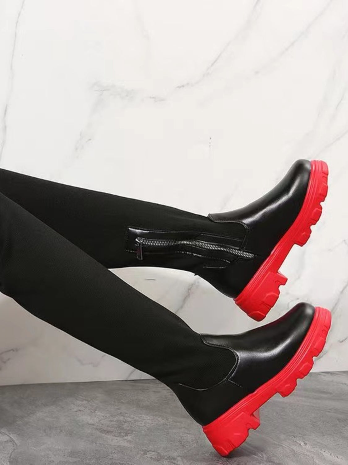 PU Leather Round Toe Platform Boots (red/black/beige/black & red)
