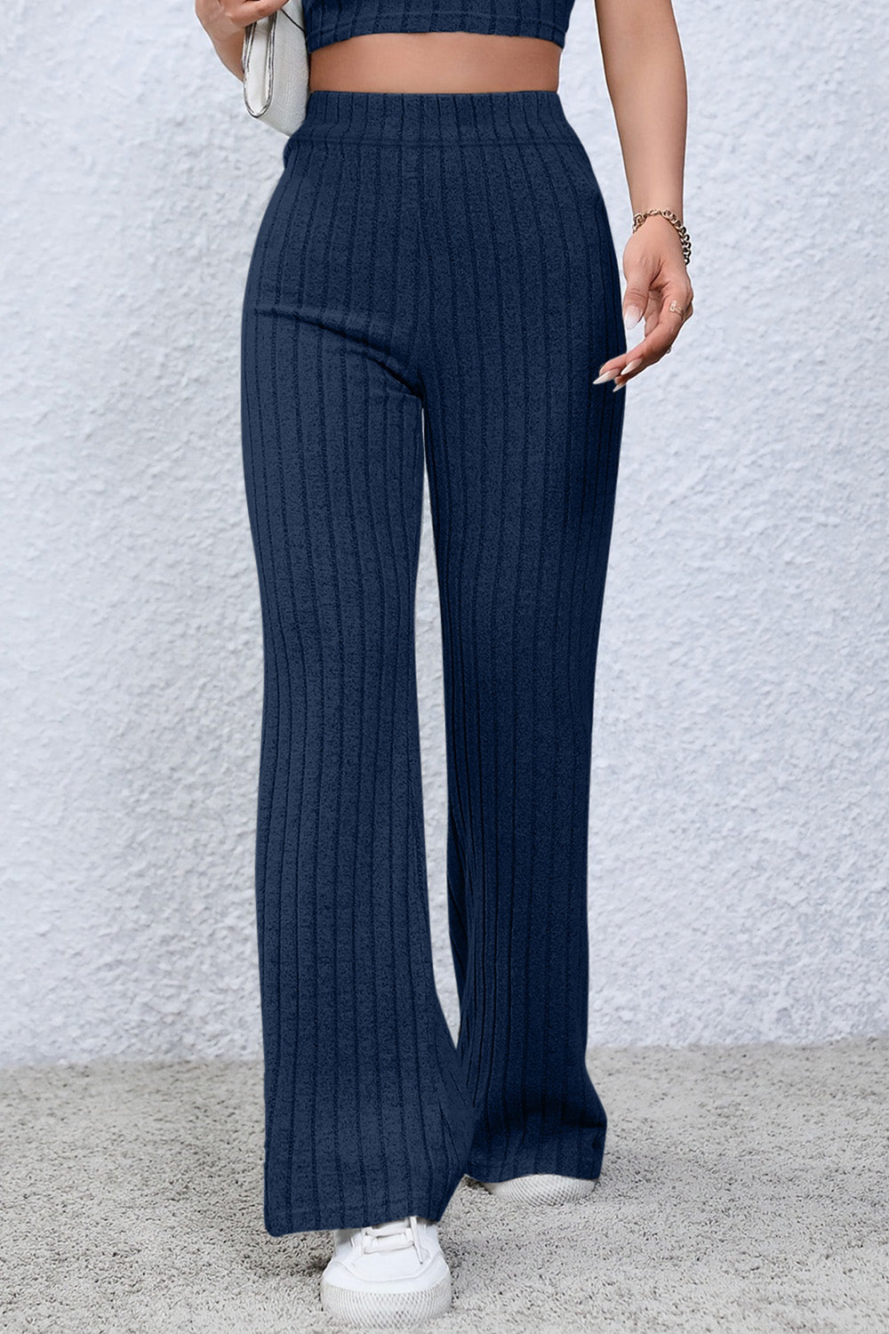 0N SALE:::Full Size Ribbed High Waist Flare Pants (black/blue/teal/grey)-SMALL-3XL