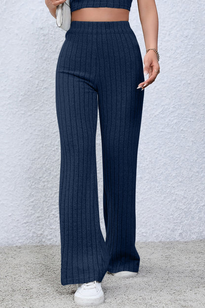 0N SALE:::Full Size Ribbed High Waist Flare Pants (black/blue/teal/grey)-SMALL-3XL