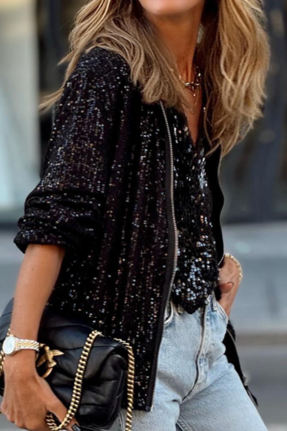 Sequin Zip Up Long Sleeve Jacket (black/cream)-SMALL-XL