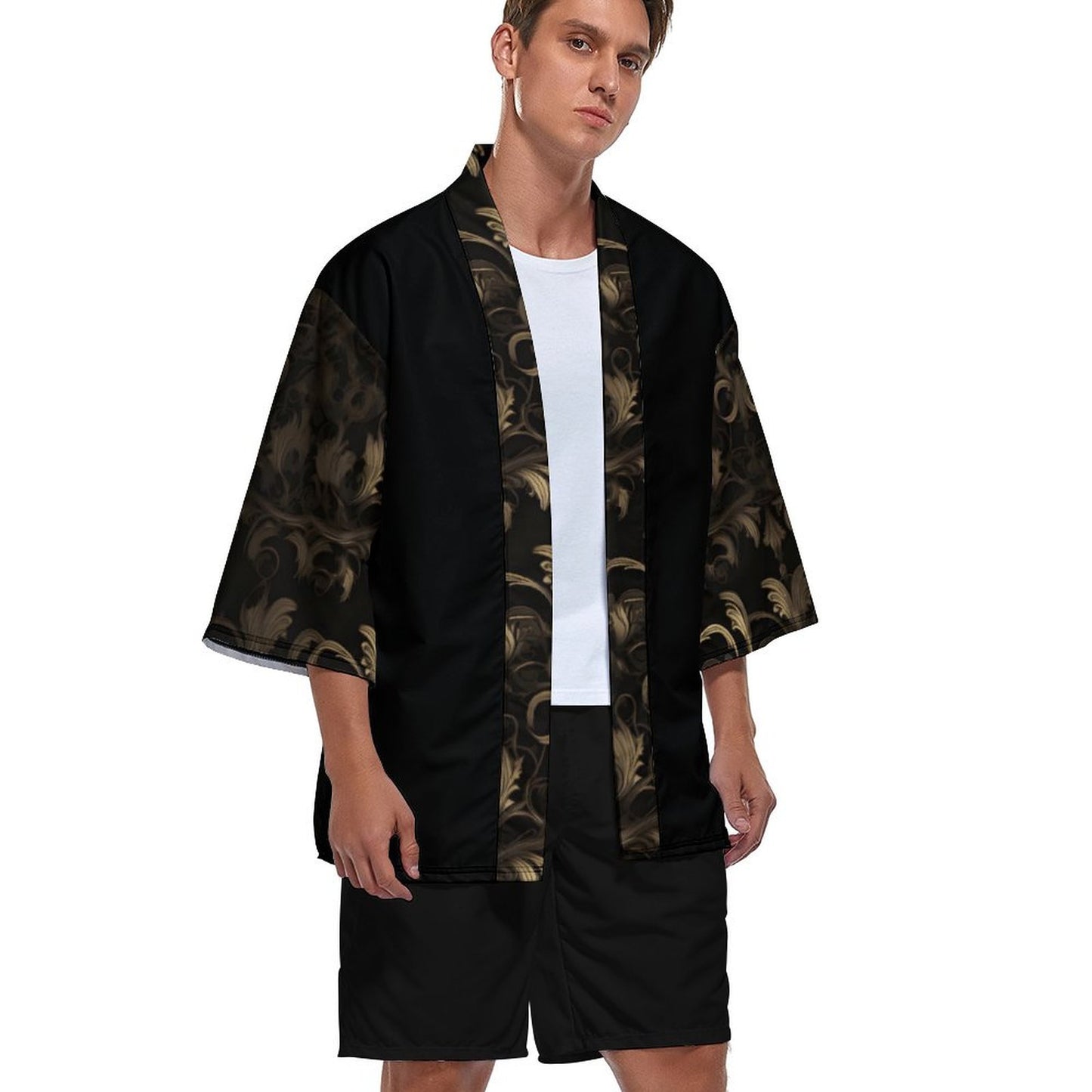 BLACK & GOLD ACCENT Drop Shoulder Male Kimono Cardigan-SMALL-2XL