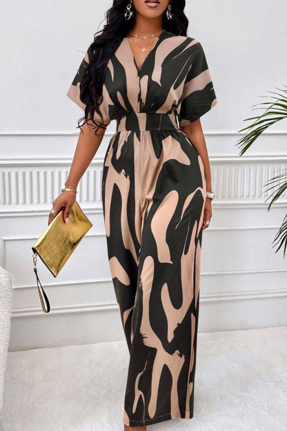 Printed V-Neck Short Sleeve Wide Leg Jumpsuit (black/orange/brown/green)-SMALL-2XL