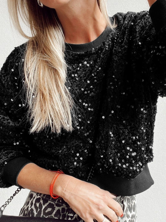 Sequin Round Neck Long Sleeve Blouse-SMALL-XL