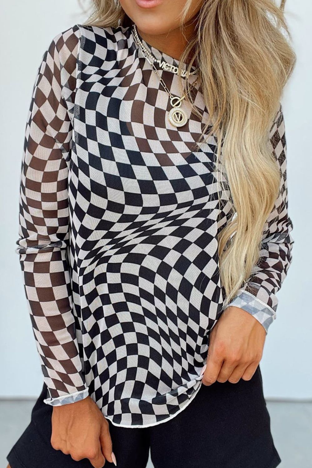 Distorted Checkered Mock Neck Long Sleeve Blouse (hot pink/black/beige)-SMALL-XL