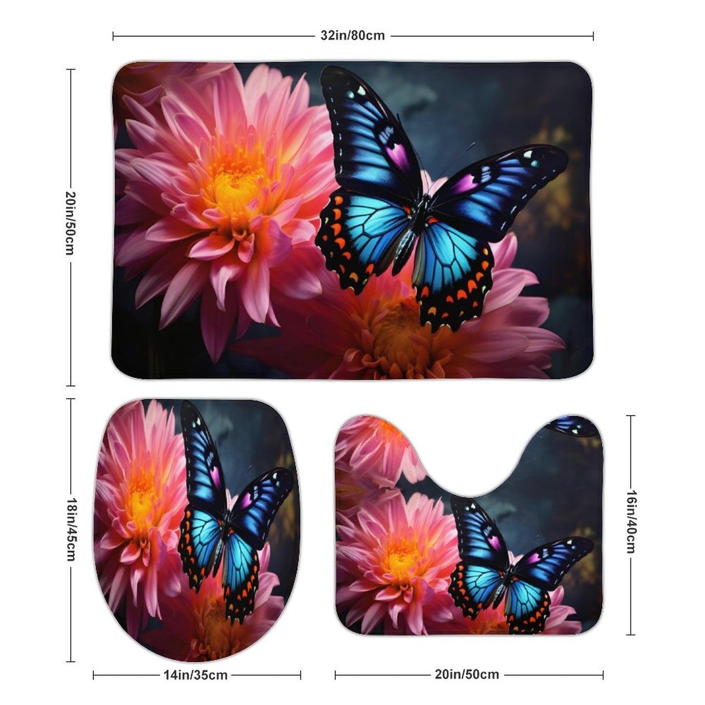 BLUE BUTTERFLY Coral Velvet Restroom Rug Set of 3-19.7"x31.5"/50x80cm