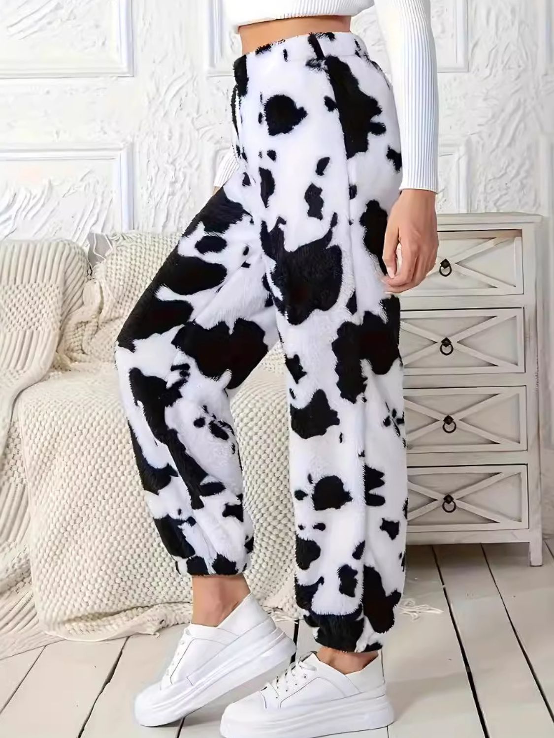 Faux Fur Cow Print Elastic Waist Pants-SMALL-2XL