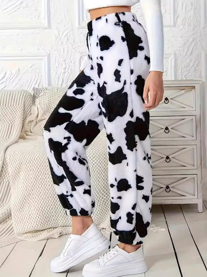 Faux Fur Cow Print Elastic Waist Pants-SMALL-2XL