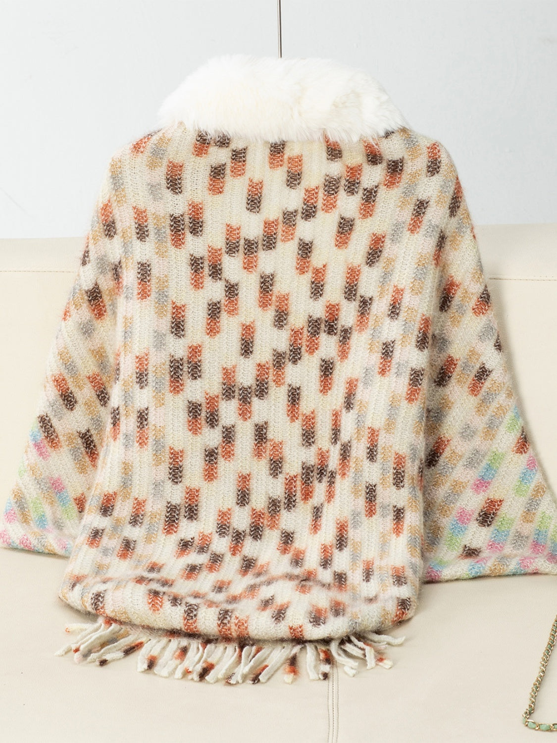 Fringe Fuzzy Open Front Poncho (cream/pink/brown/blue/khaki) ONE SIZE