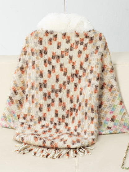 Fringe Fuzzy Open Front Poncho (cream/pink/brown/blue/khaki) ONE SIZE