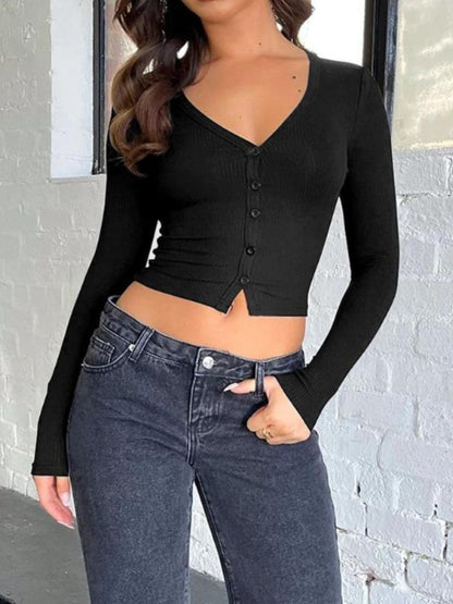 Buttoned V-Neck Long Sleeve T-Shirt-SMALL-XL (khaki/black/gray/burgundy/white/gray)-S-XL