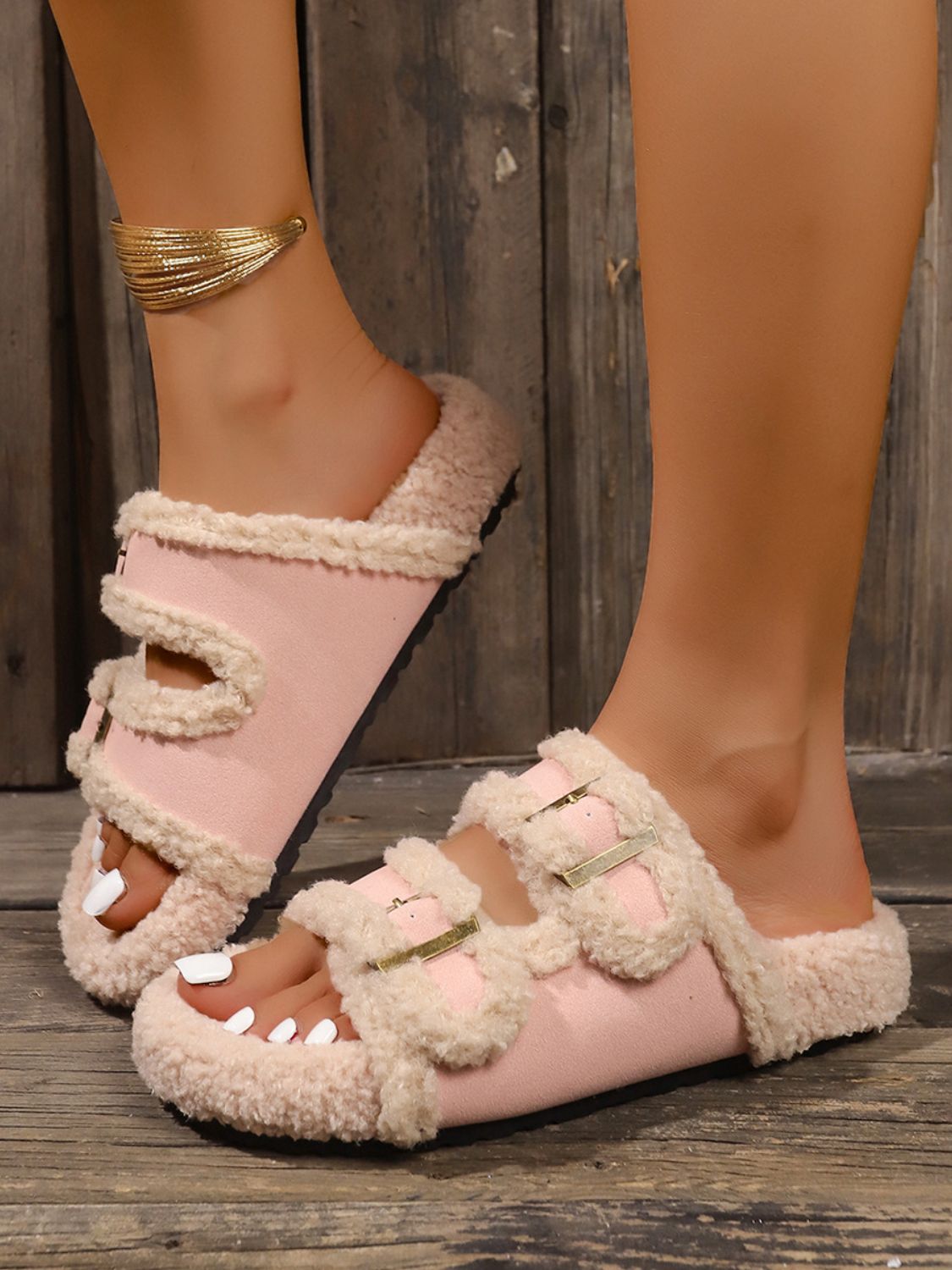 Faux Fur Contrast Open Toe Slippers (silver/black/camel/pink/brown/beige)