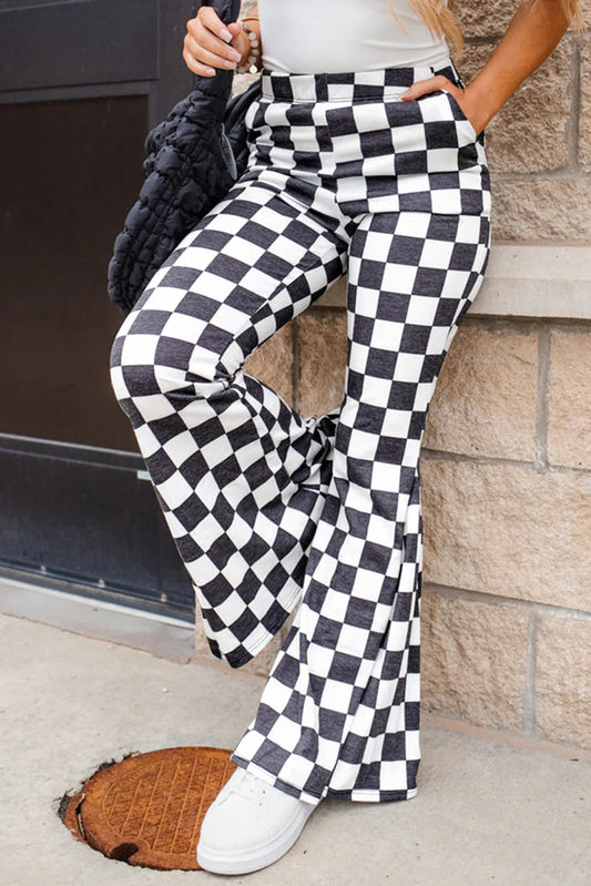 Checkered Flare Pants with Pockets-SMALL-XL
