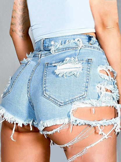Distressed Raw Hem Denim Shorts with Pockets-SMALL-2XL