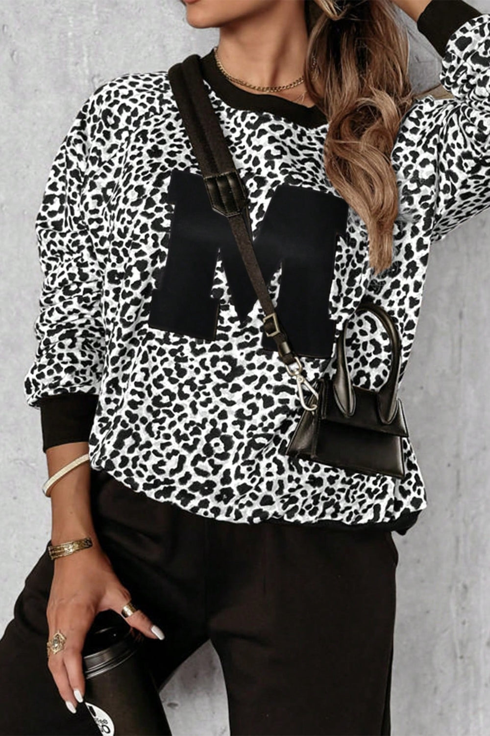ON SALE::::Letter M Leopard Round Neck Top and Pants Set (white/burgundy/tan)-S-XL