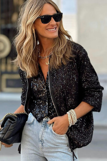 Sequin Zip Up Long Sleeve Jacket (black/cream)-SMALL-XL