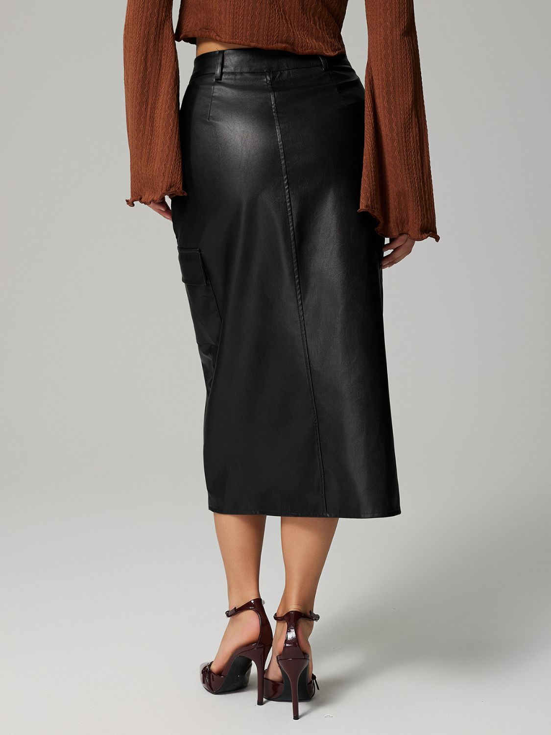 PU Leather Slit Midi Skirt with Pockets (dk. brown/black)-SMALL-XL