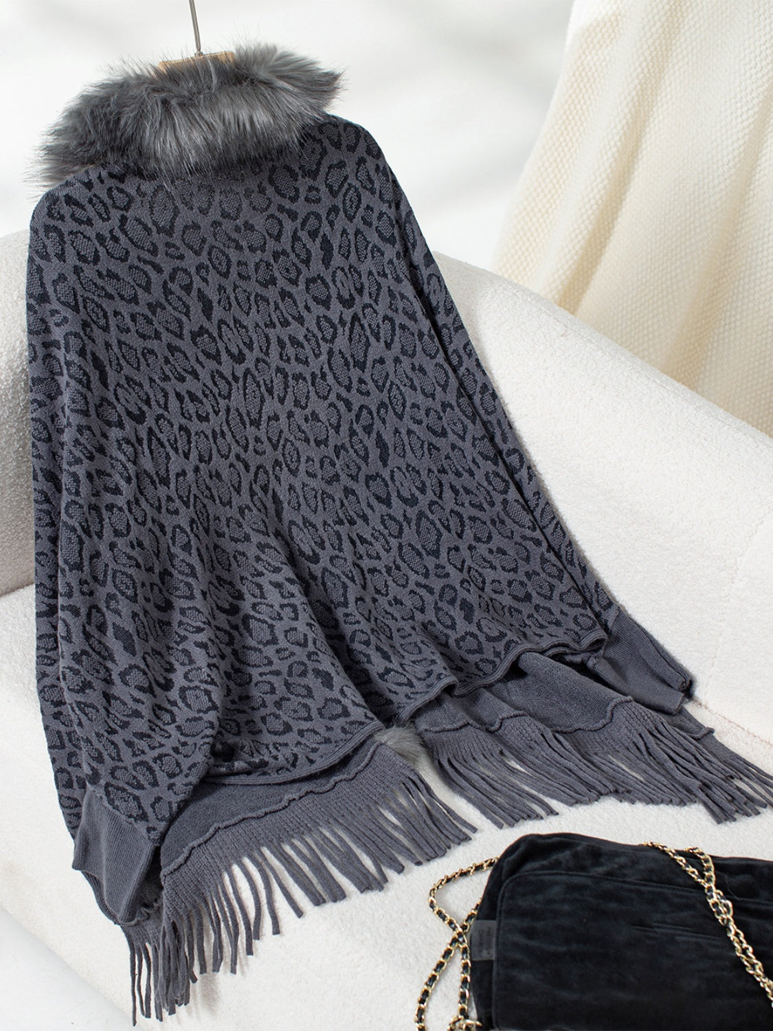 Fringe Leopard Open Front Long Sleeve Poncho (beige/chocolate/indigo/burgundy/brown/black)