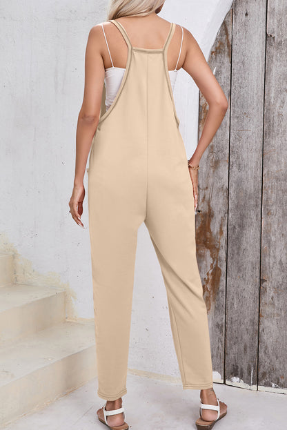 Pocketed Scoop Neck Spaghetti Strap Overalls-SMALL-XL (tan/black)