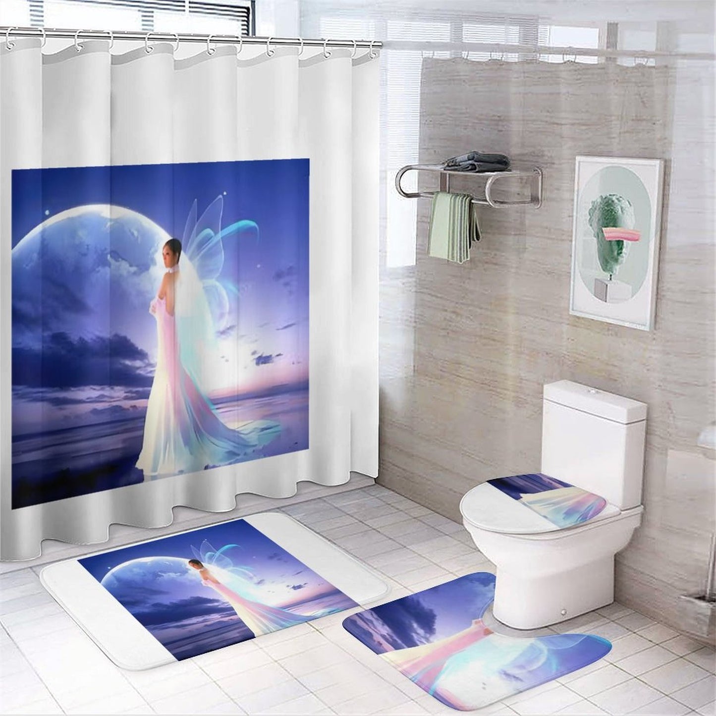 Shower Curtain Set with 3 Rugs