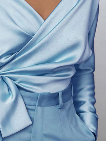 Satin Long Sleeve Blouse (blush pink/light blue/cream)-SMALL-XL