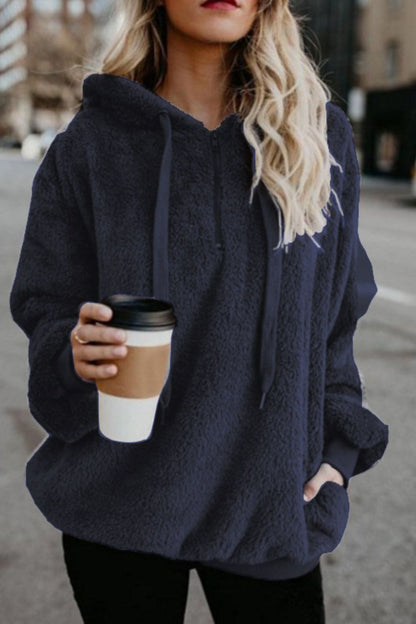 Full Size Quarter-Zip Drawstring Teddy Hoodie (many colors)-SMALL-3XL