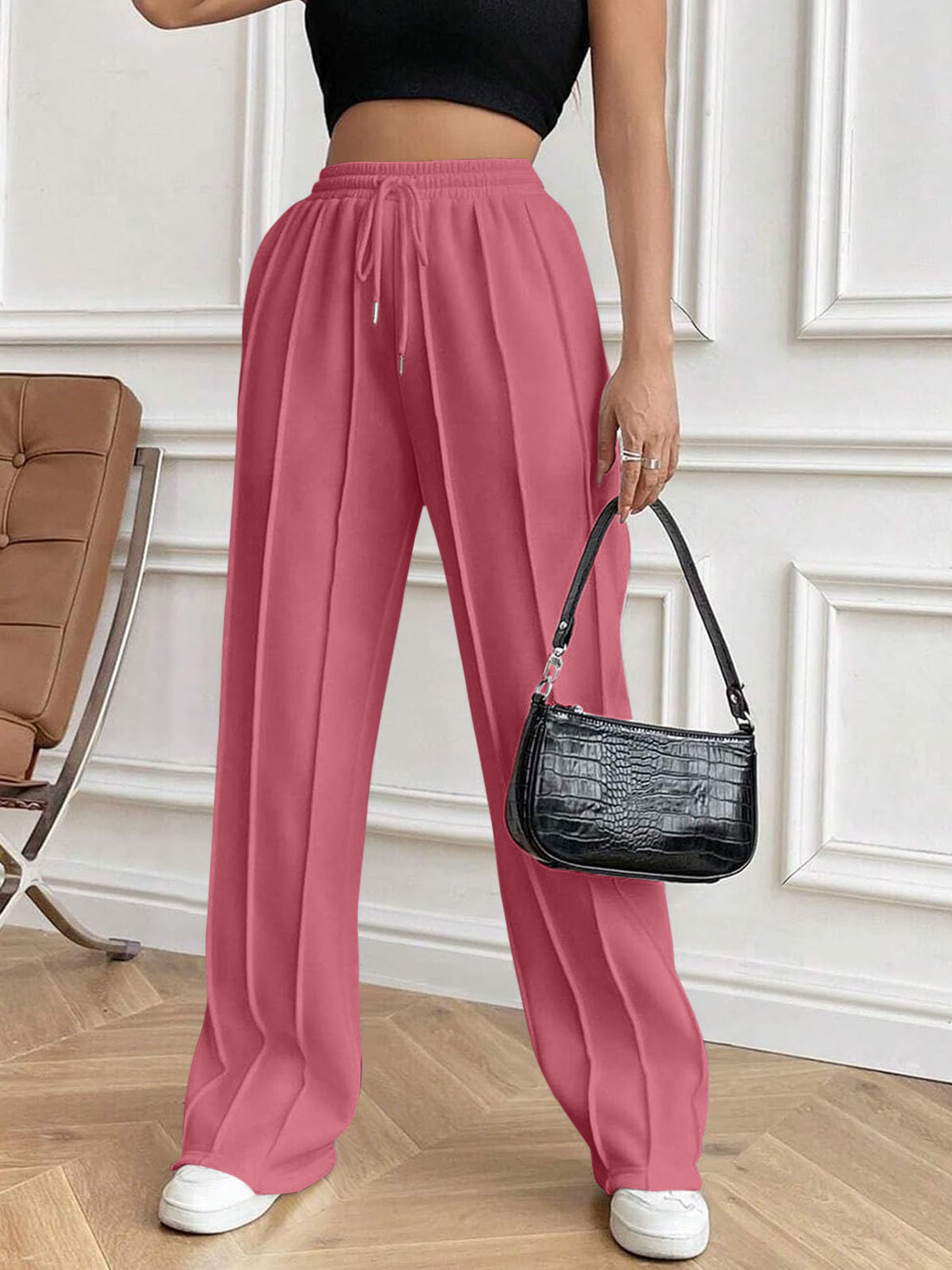 Drawstring Elastic Waist Pants with Pockets (white/black/grey/brown/dusty pink)-XS-2XL