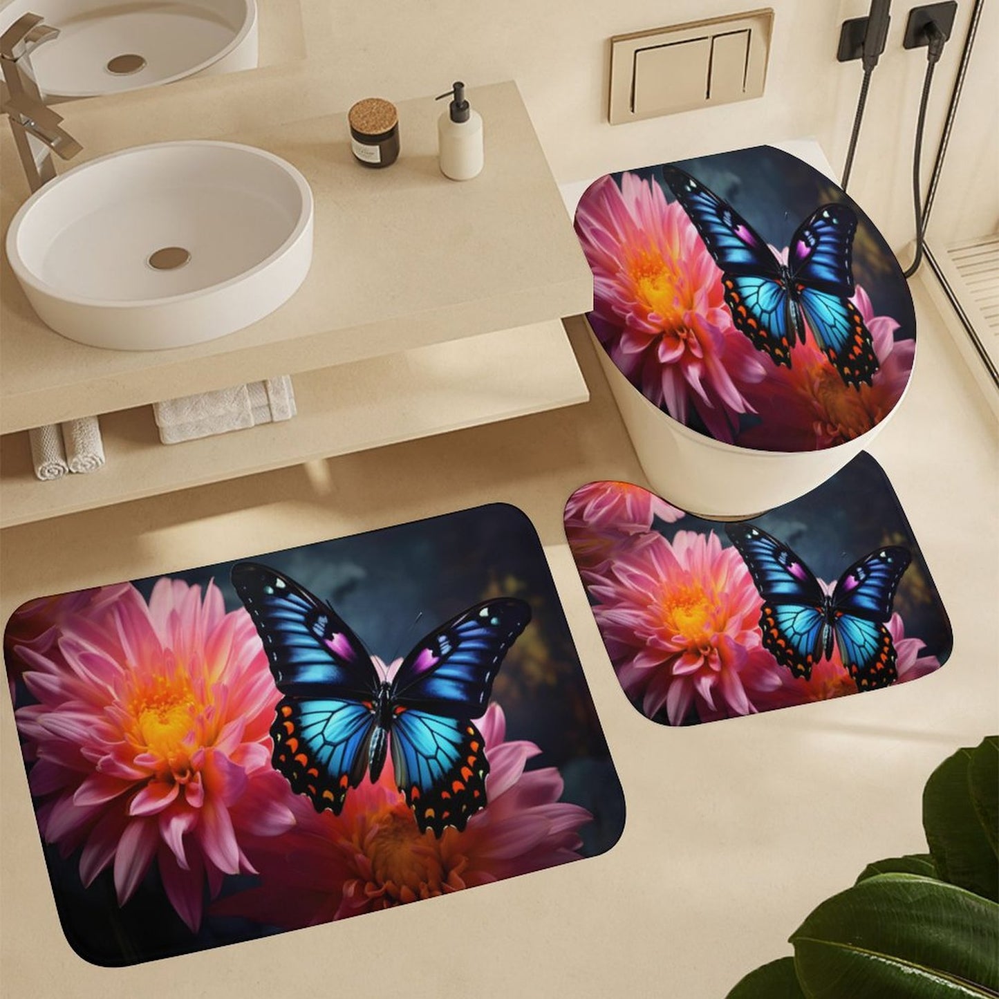 BLUE BUTTERFLY Coral Velvet Restroom Rug Set of 3-19.7"x31.5"/50x80cm
