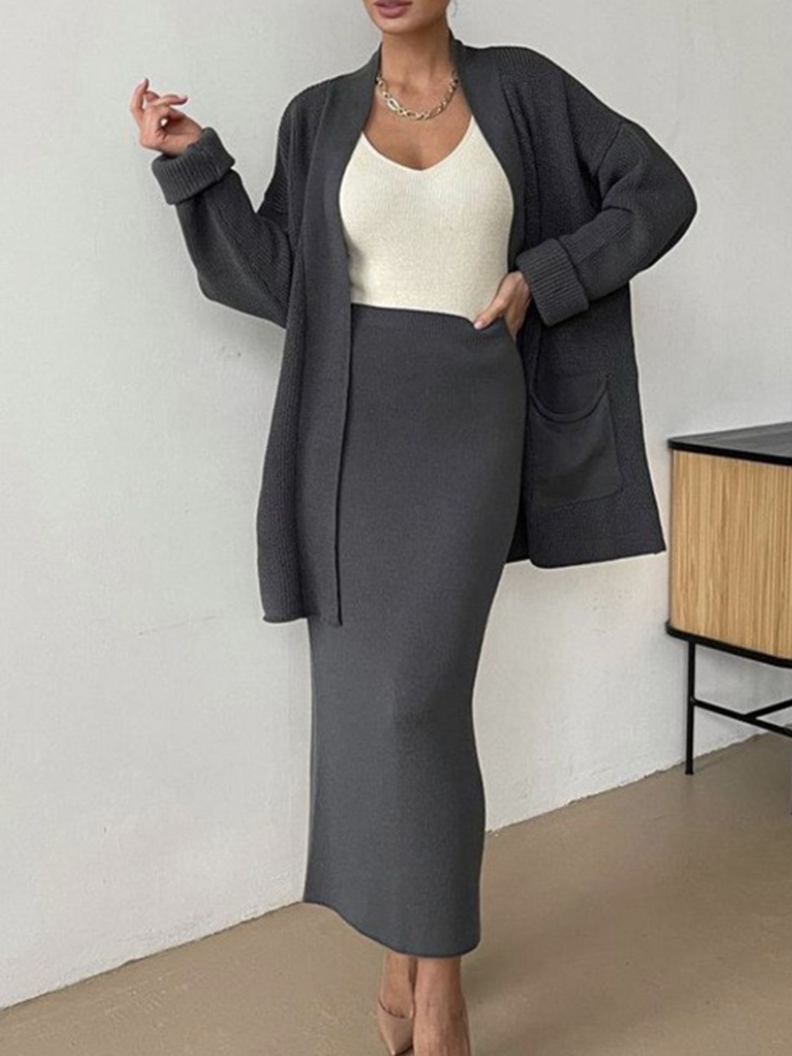 Pocketed Long Sleeve Cardigan and Skirt Sweater Set (cream/camel/lt. green/grey/black) ONE SIZE