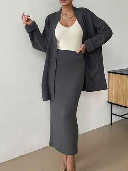 Pocketed Long Sleeve Cardigan and Skirt Sweater Set (cream/camel/lt. green/grey/black) ONE SIZE
