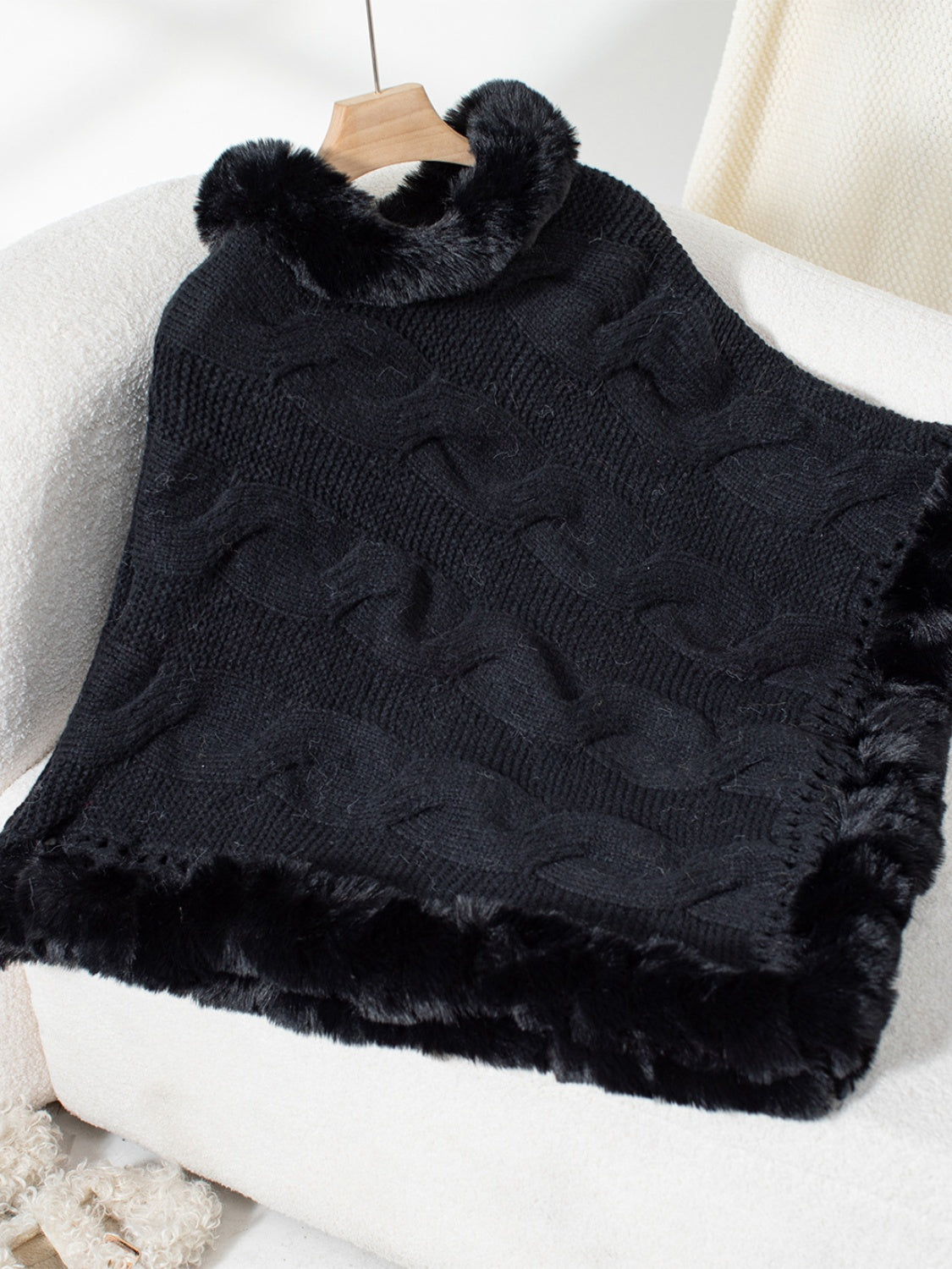 Fuzzy Hem Cable-Knit Poncho (mocha/gold/pink/eggshell/grey/black)