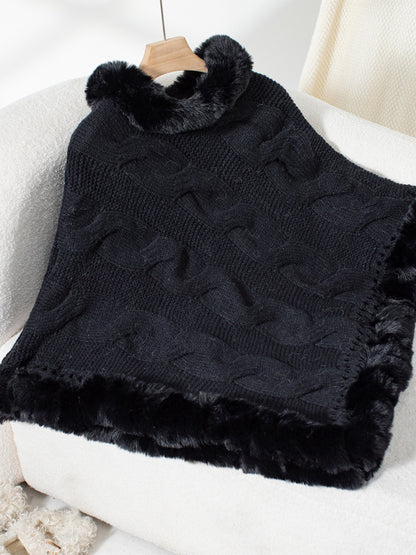 Fuzzy Hem Cable-Knit Poncho (mocha/gold/pink/eggshell/grey/black)